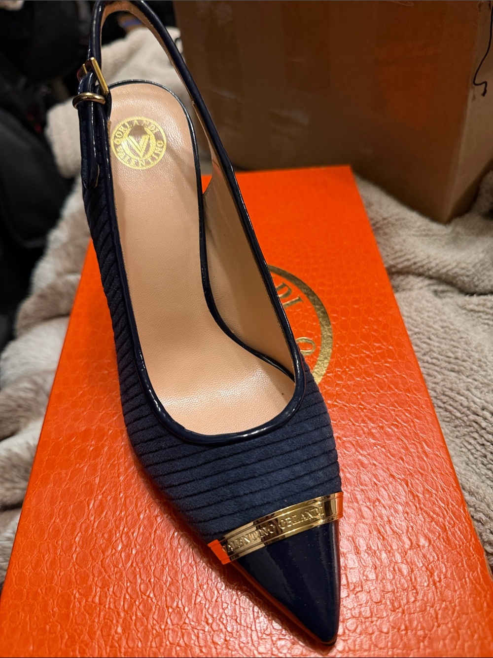 Valentino Orlandi Navy Pointed Slingback with Gold Plaque
